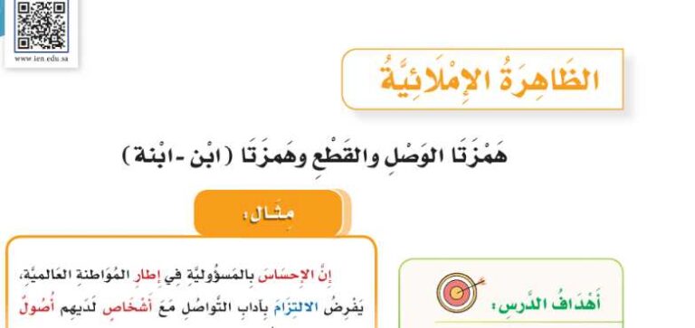 شرح درس الظاهرة الاملائية همزتا الوصل والقطع وهمزتا ابن ابنة لغتي للصف سادس ابتدائي ف1