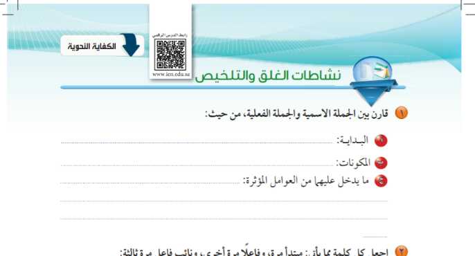 نشاطات الغلق والتلخيص الوحدة الاولى الجملة العربية أول ثانوي مسارات ف1