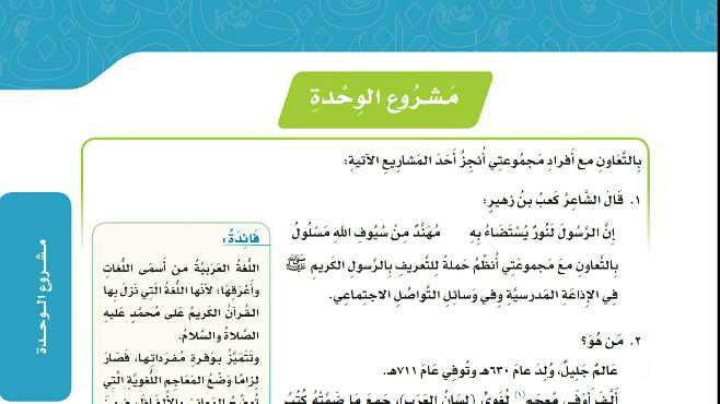مشروع الوحدة الاولى قدوات ومثل عليا لغتي للصف سادس ابتدائي ف1