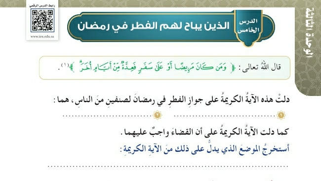 شرح درس الذين يباح لهم الفطر في رمضان فقه وسلوك سادس ابتدائي ف2