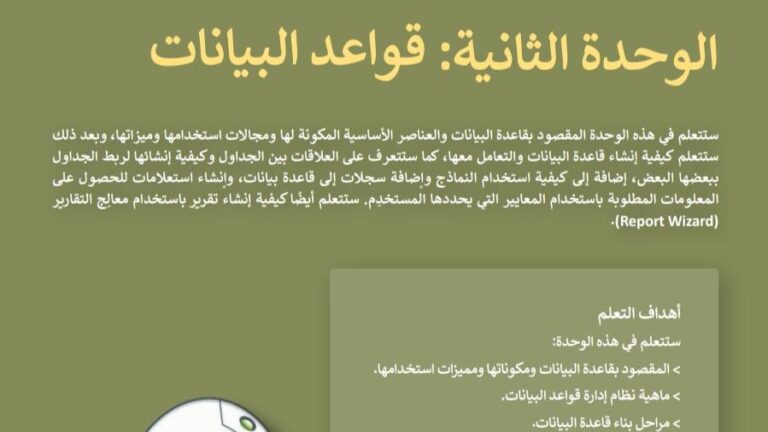 حل الوحدة الثانية قواعد البيانات مهارات رقمية ثالث متوسط ف1 1447