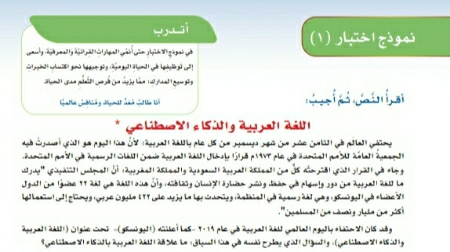 درس نموذج اختبار اللغة العربية والذكاء الاصطناعي ثاني متوسط ف1